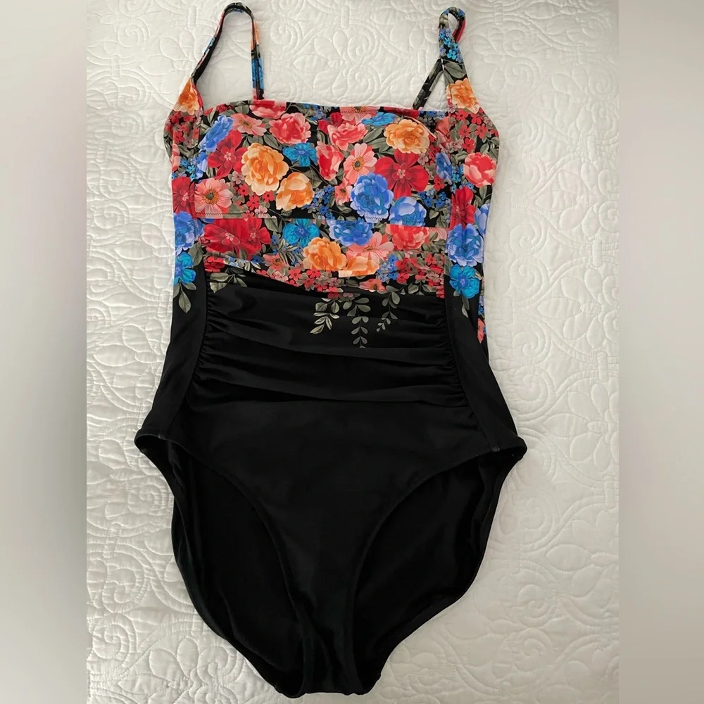 Johnny Was Black Royal Ruched One Piece Floral Swimsuit Sz 3X - Picture 4 of 14